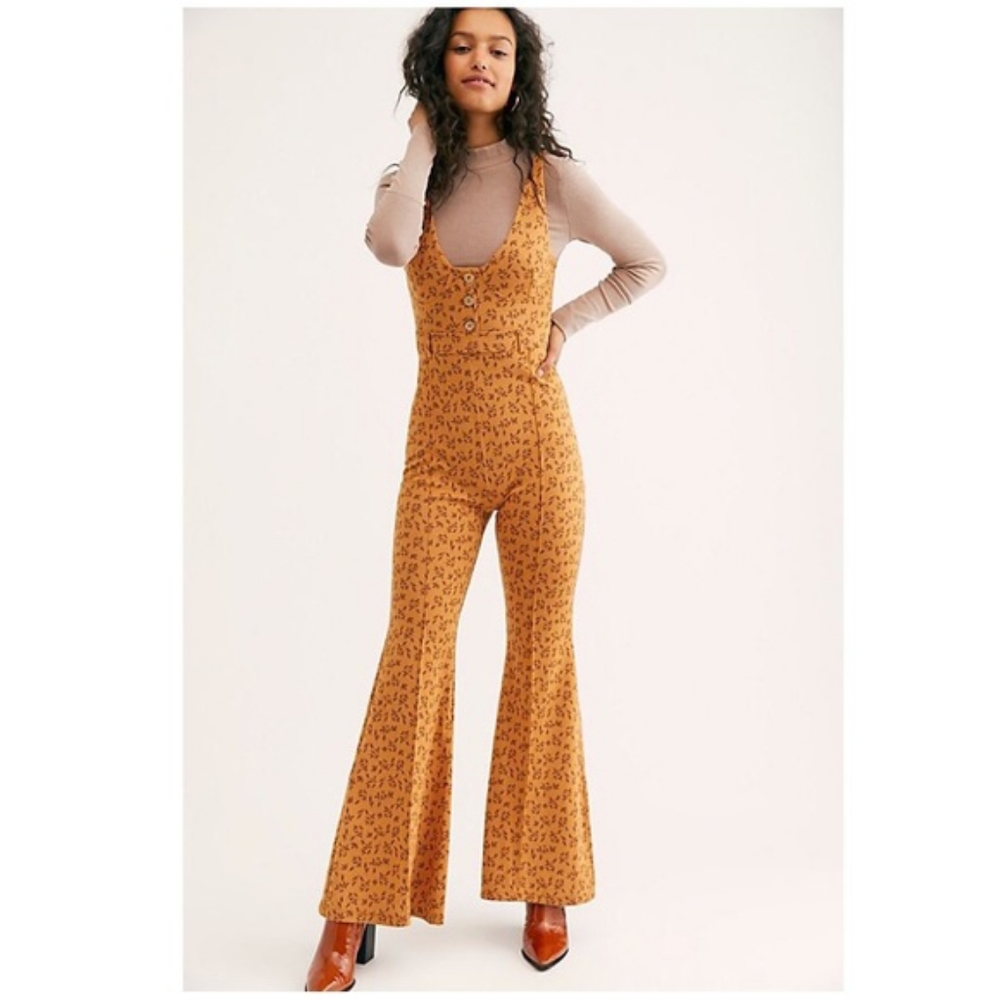 Free People Eyes on You Floral Knit Bellbottom Flare Jumpsuit